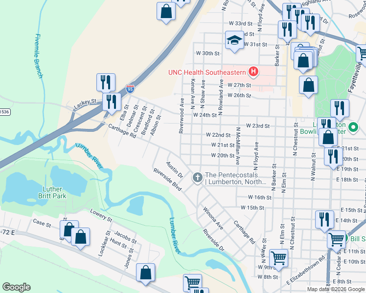 map of restaurants, bars, coffee shops, grocery stores, and more near 703 West 21st Street in Lumberton
