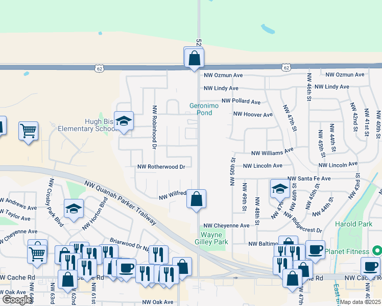 map of restaurants, bars, coffee shops, grocery stores, and more near 2319 Northwest Dunstan Lane in Lawton
