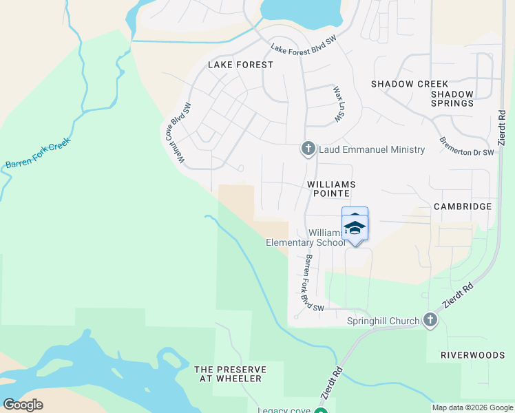 map of restaurants, bars, coffee shops, grocery stores, and more near 414 River Bend Drive Southwest in Huntsville