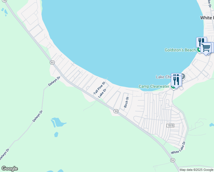 map of restaurants, bars, coffee shops, grocery stores, and more near North Lakes Drive in Columbus County