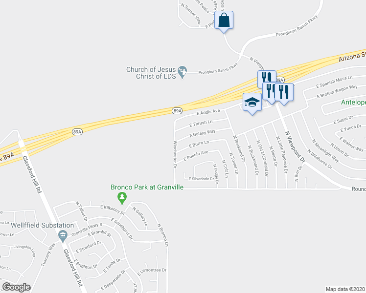 map of restaurants, bars, coffee shops, grocery stores, and more near 7040 East Burro Lane in Prescott Valley