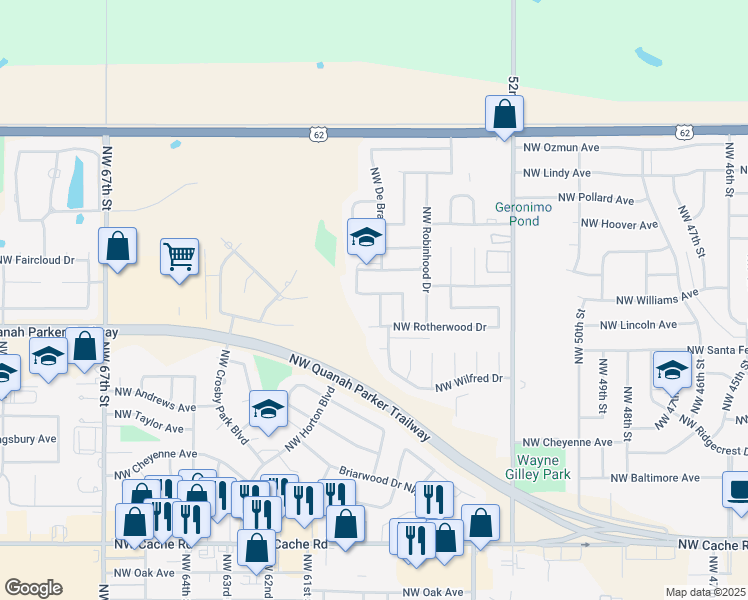 map of restaurants, bars, coffee shops, grocery stores, and more near 2402 Northwest Nottingham Road in Lawton