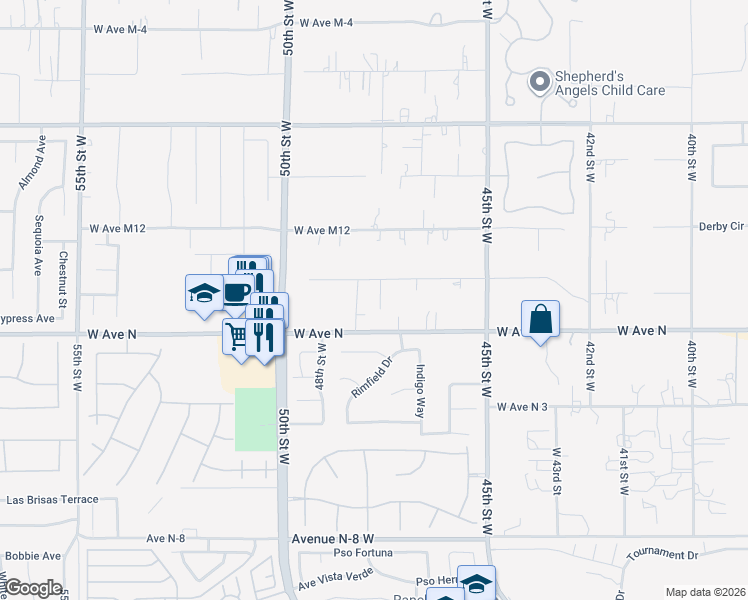map of restaurants, bars, coffee shops, grocery stores, and more near 41219 47th Street West in Quartz Hill