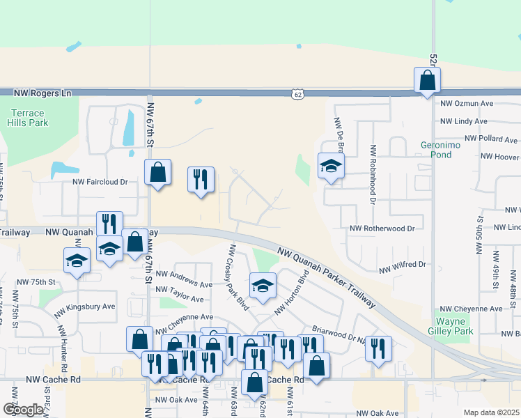 map of restaurants, bars, coffee shops, grocery stores, and more near 2306 Northwest Redwood Lane in Lawton