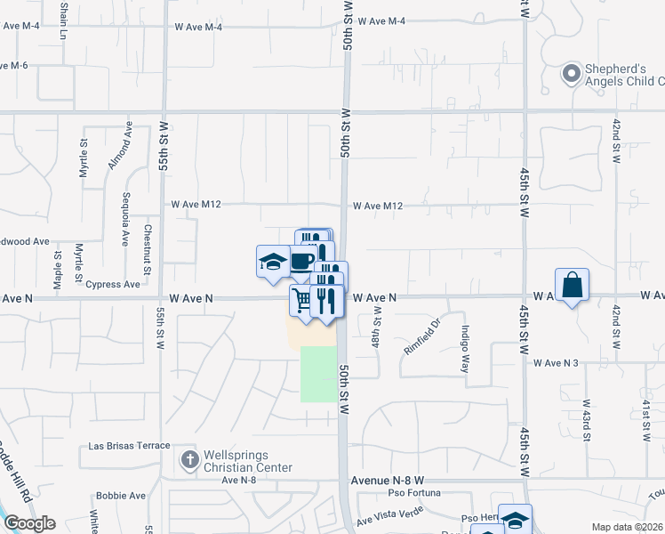 map of restaurants, bars, coffee shops, grocery stores, and more near in Palmdale