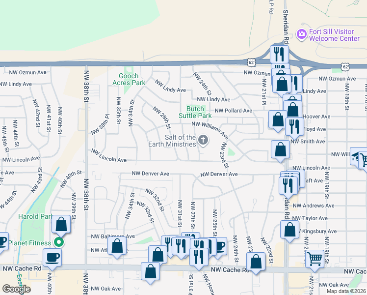 map of restaurants, bars, coffee shops, grocery stores, and more near 2212 Northwest 26th Street in Lawton