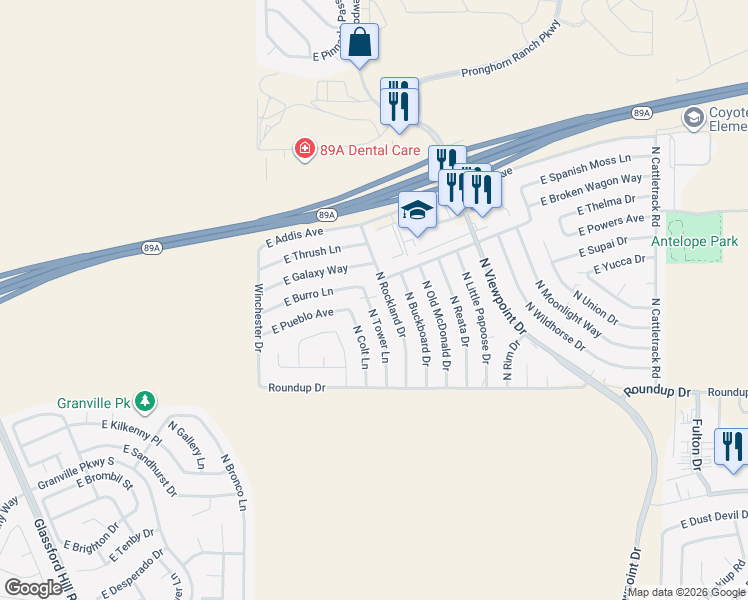 map of restaurants, bars, coffee shops, grocery stores, and more near 6201 North Tower Lane in Prescott Valley