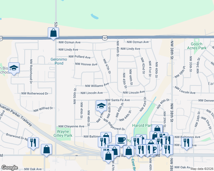 map of restaurants, bars, coffee shops, grocery stores, and more near 2117 NW Austin Dr in Lawton