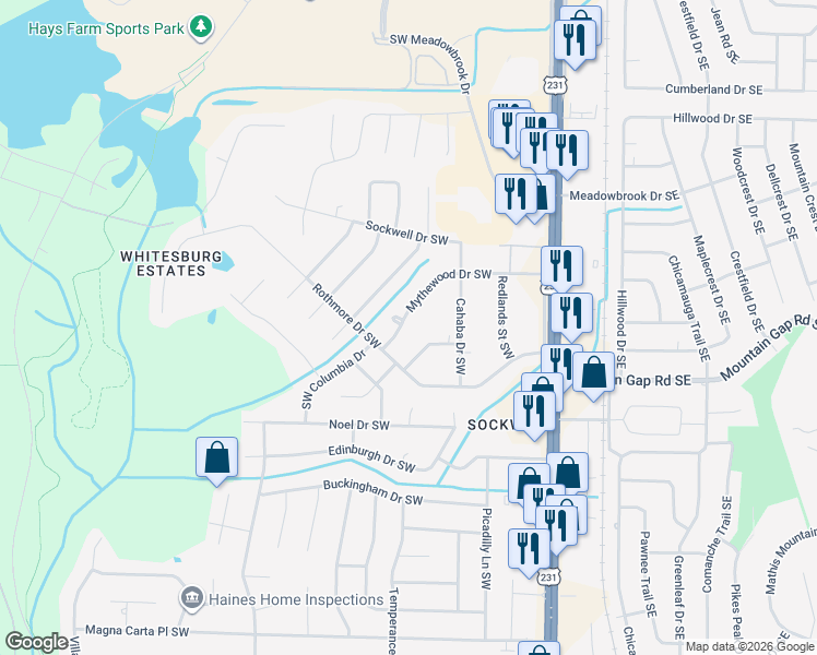 map of restaurants, bars, coffee shops, grocery stores, and more near 2113 Mythewood Drive Southwest in Huntsville
