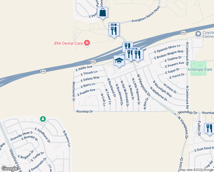 map of restaurants, bars, coffee shops, grocery stores, and more near 6200 North Rockland Drive in Prescott Valley