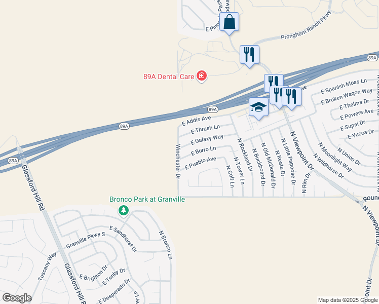 map of restaurants, bars, coffee shops, grocery stores, and more near 7040 East Burro Lane in Prescott Valley