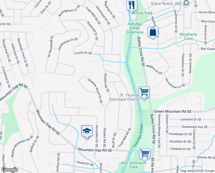 map of restaurants, bars, coffee shops, grocery stores, and more near 10013 Shades Road Southeast in Huntsville