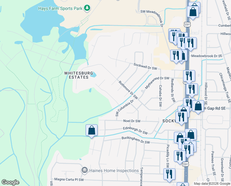 map of restaurants, bars, coffee shops, grocery stores, and more near 2410 Southwest Tamera Drive in Huntsville
