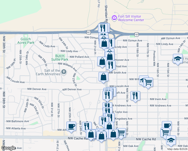 map of restaurants, bars, coffee shops, grocery stores, and more near 2201 Northwest Williams Avenue in Lawton