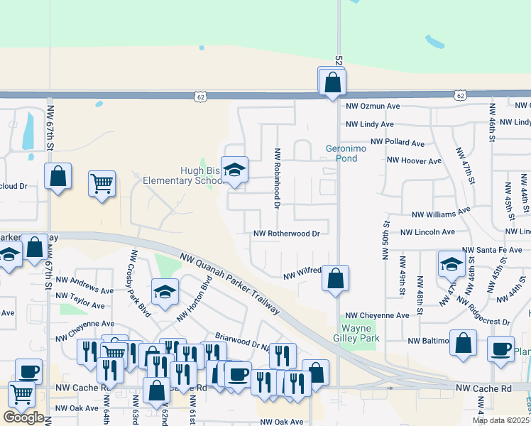 map of restaurants, bars, coffee shops, grocery stores, and more near 2309 Northwest Nottingham Road in Lawton