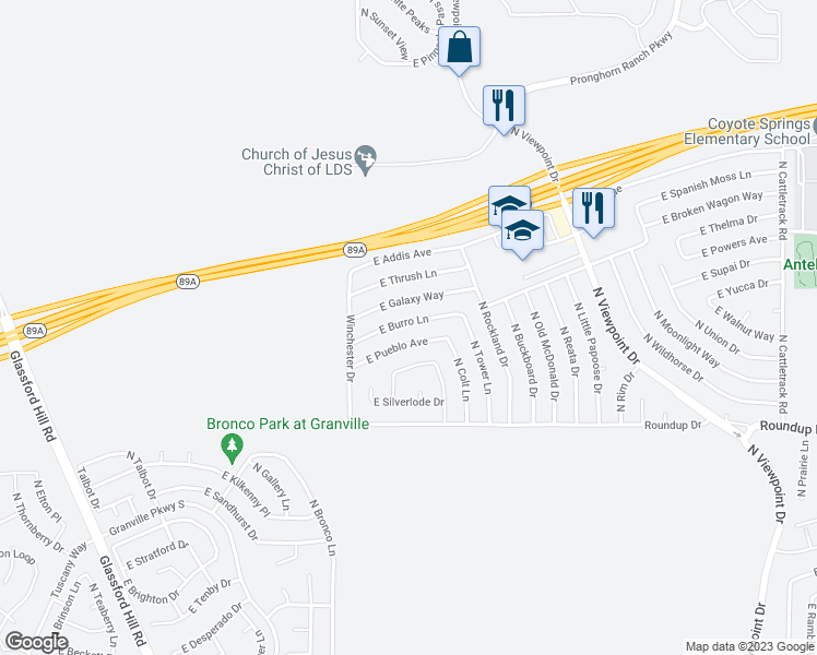 map of restaurants, bars, coffee shops, grocery stores, and more near 7143 East Burro Lane in Prescott Valley