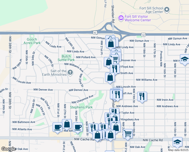map of restaurants, bars, coffee shops, grocery stores, and more near 2217 Northwest Williams Avenue in Lawton