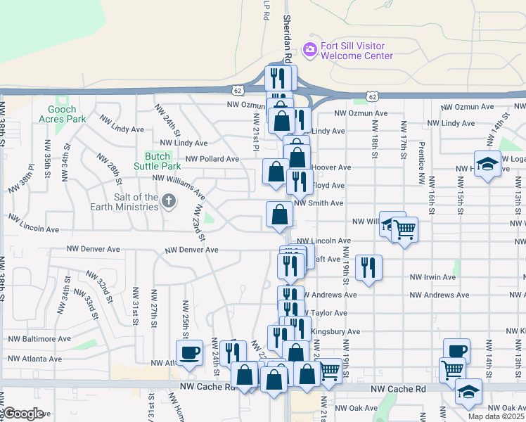 map of restaurants, bars, coffee shops, grocery stores, and more near 2201 Northwest Williams Avenue in Lawton