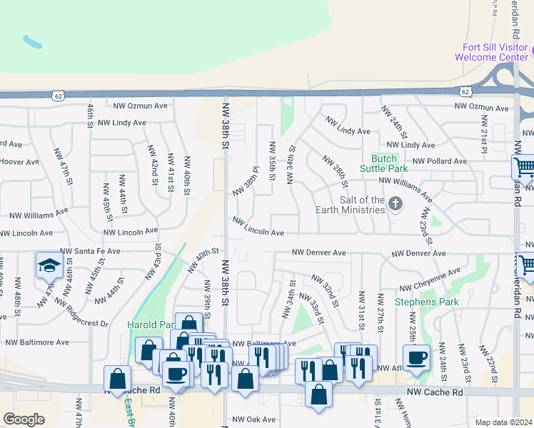 map of restaurants, bars, coffee shops, grocery stores, and more near 2210 Northwest 35th Street in Lawton