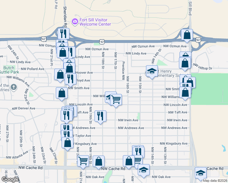 map of restaurants, bars, coffee shops, grocery stores, and more near 2301 Northwest 17th Street in Lawton
