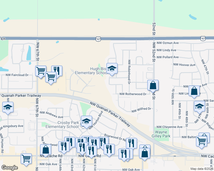 map of restaurants, bars, coffee shops, grocery stores, and more near 2410 Northwest Nottingham Road in Lawton