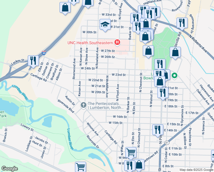 map of restaurants, bars, coffee shops, grocery stores, and more near 401 West 21st Street in Lumberton