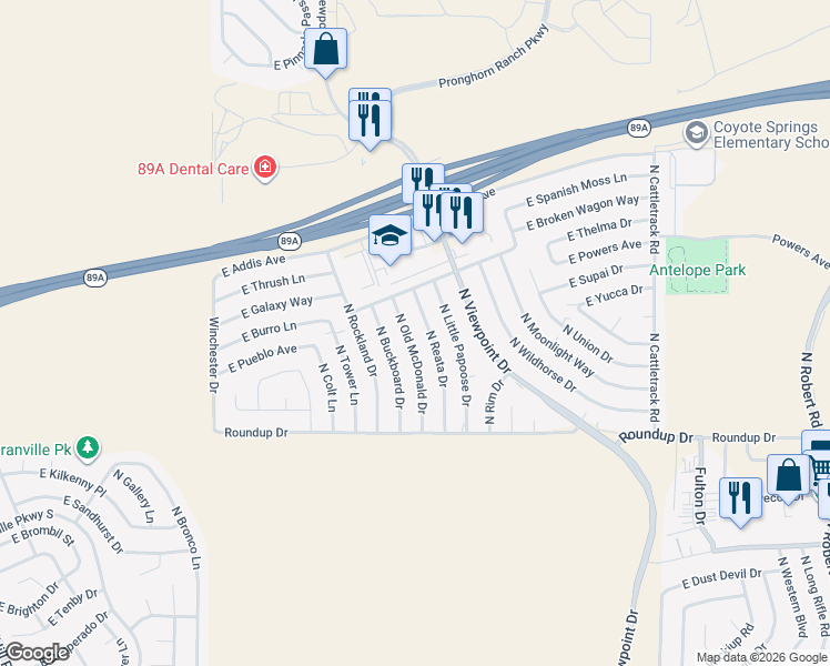 map of restaurants, bars, coffee shops, grocery stores, and more near 6201 North Old McDonald Drive in Prescott Valley