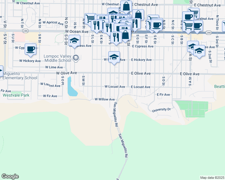 map of restaurants, bars, coffee shops, grocery stores, and more near 506 South J Street in Lompoc
