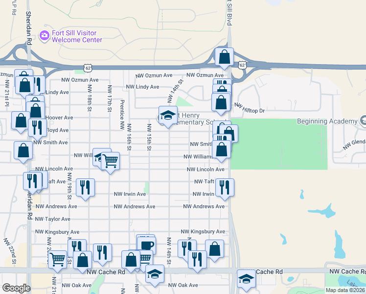 map of restaurants, bars, coffee shops, grocery stores, and more near 1306 Northwest Smith Avenue in Lawton