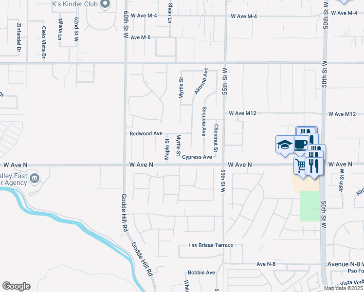 map of restaurants, bars, coffee shops, grocery stores, and more near 41240 Myrtle Street in Palmdale