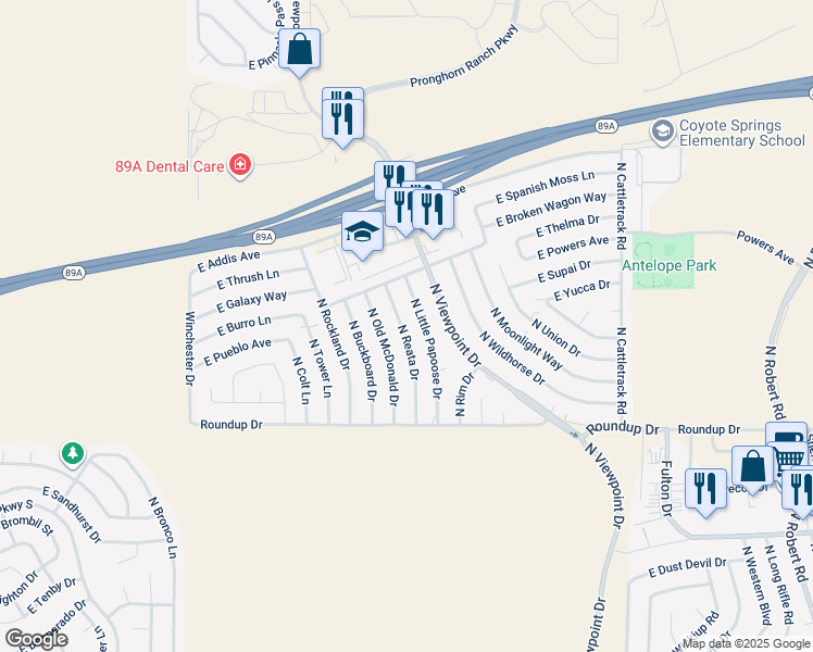 map of restaurants, bars, coffee shops, grocery stores, and more near 6184 North Reata Drive in Prescott Valley