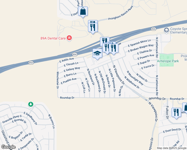 map of restaurants, bars, coffee shops, grocery stores, and more near 6191 North Buckboard Drive in Prescott Valley