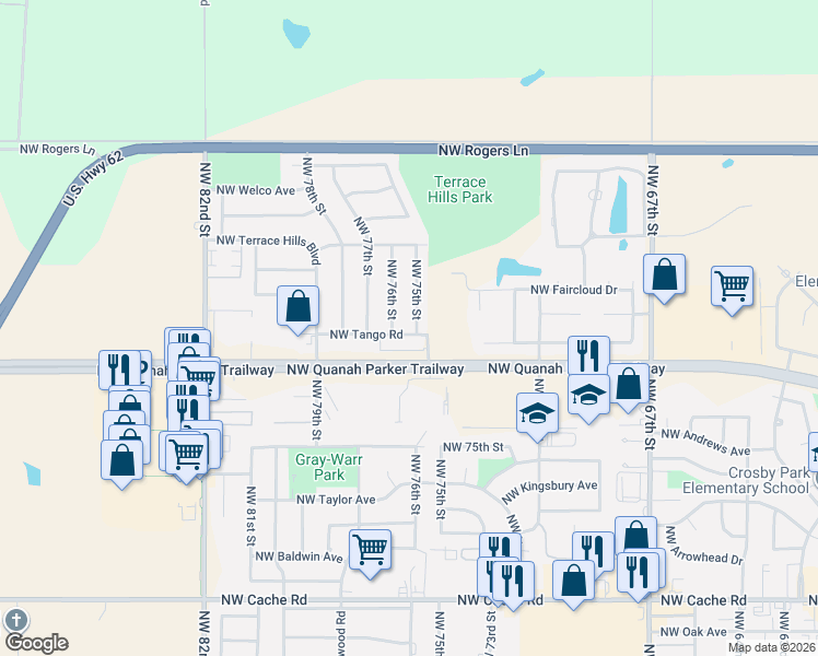 map of restaurants, bars, coffee shops, grocery stores, and more near 2302 Northwest 75th Street in Lawton