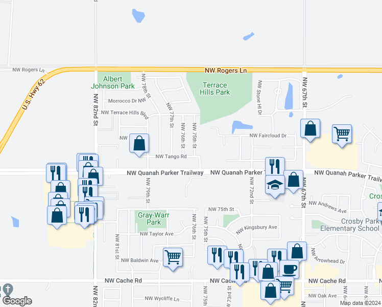 map of restaurants, bars, coffee shops, grocery stores, and more near 2302 Northwest 75th Street in Lawton