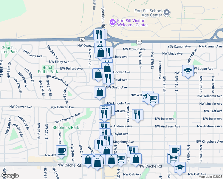 map of restaurants, bars, coffee shops, grocery stores, and more near 2006 Northwest Smith Avenue in Lawton