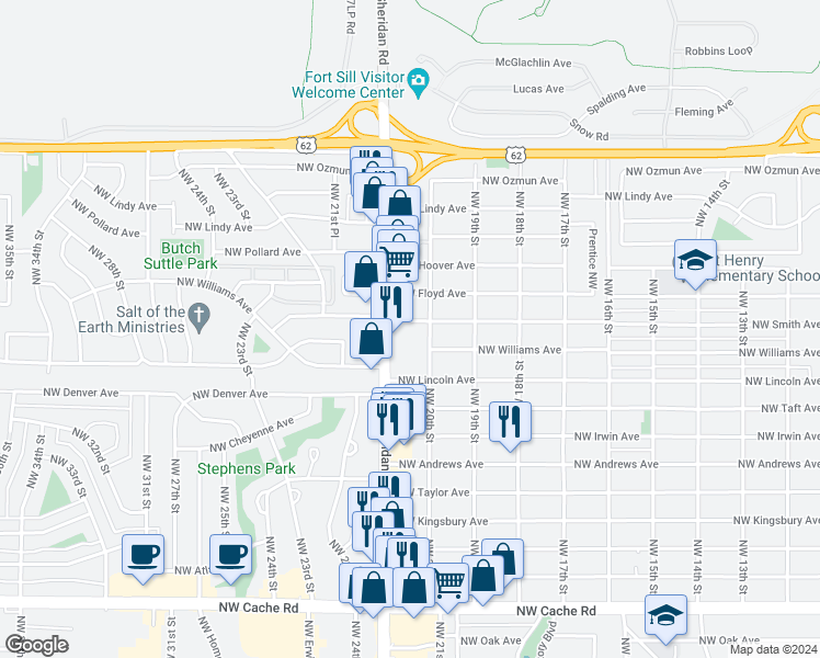 map of restaurants, bars, coffee shops, grocery stores, and more near 2008 Northwest Smith Avenue in Lawton