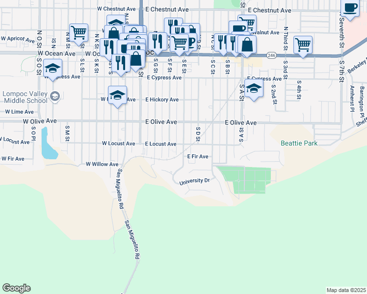 map of restaurants, bars, coffee shops, grocery stores, and more near 518 South E Street in Lompoc