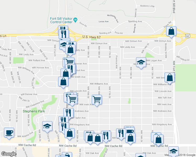 map of restaurants, bars, coffee shops, grocery stores, and more near 1802 Northwest Smith Avenue in Lawton