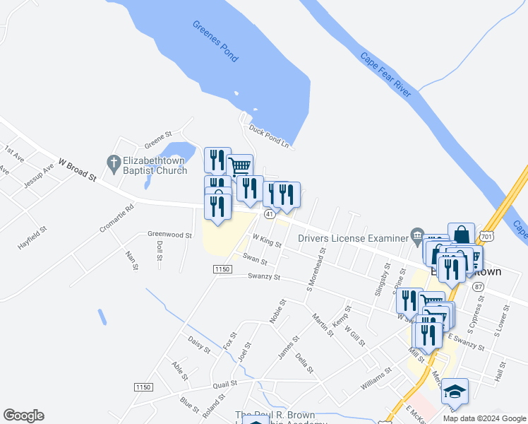 map of restaurants, bars, coffee shops, grocery stores, and more near North Carolina 41 in Elizabethtown