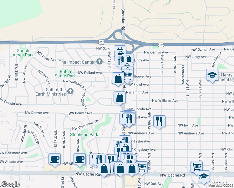 map of restaurants, bars, coffee shops, grocery stores, and more near 2214-2398 Northwest Sheridan Road in Lawton