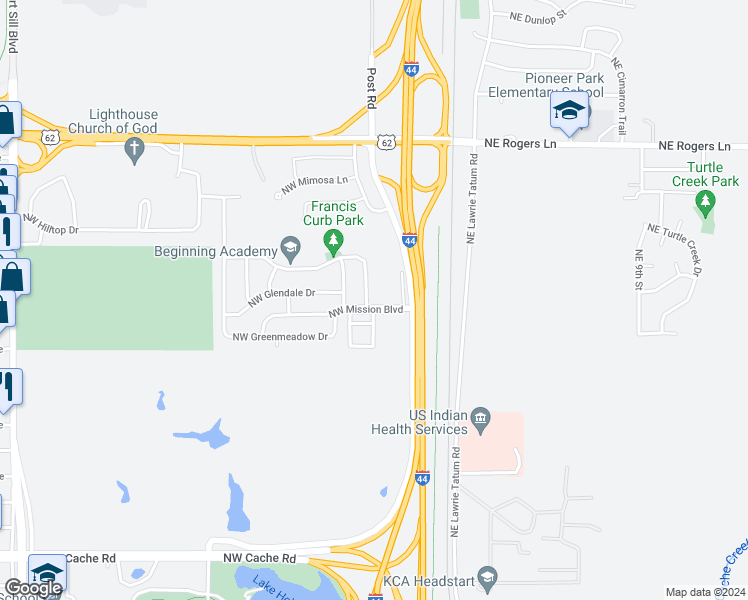 map of restaurants, bars, coffee shops, grocery stores, and more near 215 Northwest Mission Boulevard in Lawton