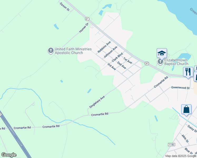 map of restaurants, bars, coffee shops, grocery stores, and more near 455 Clark Road in Bladenboro