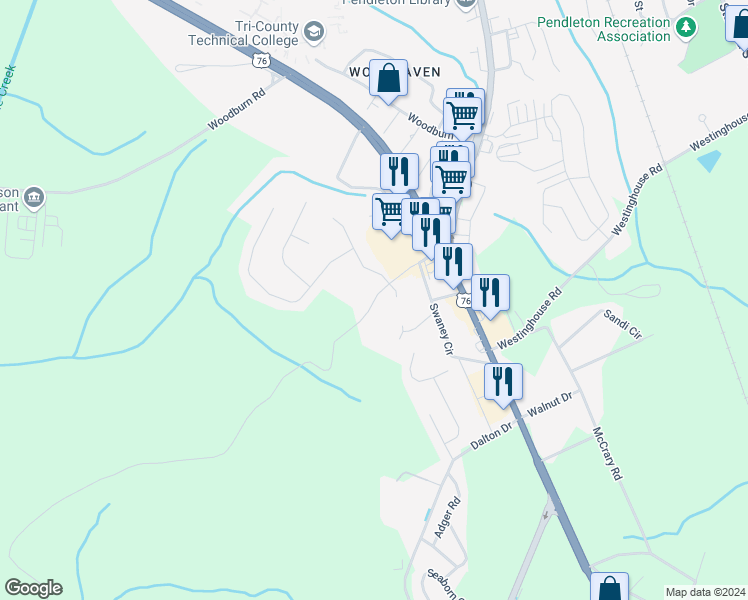 map of restaurants, bars, coffee shops, grocery stores, and more near 200 Woody Road in Pendleton
