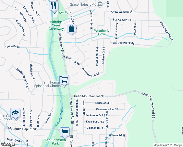 map of restaurants, bars, coffee shops, grocery stores, and more near 2002 East Tupelo Drive Southeast in Huntsville