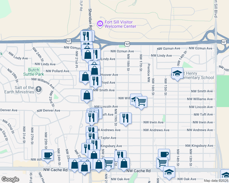 map of restaurants, bars, coffee shops, grocery stores, and more near 1907 Northwest Williams Avenue in Lawton