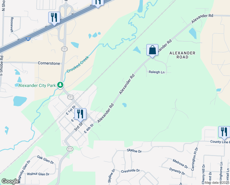 map of restaurants, bars, coffee shops, grocery stores, and more near 15338 Alexander Road in Alexander