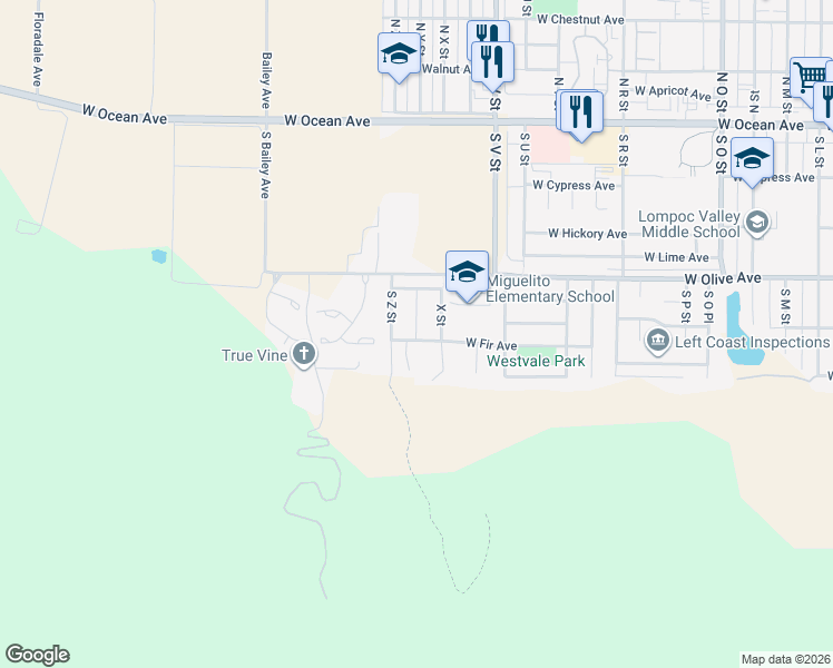 map of restaurants, bars, coffee shops, grocery stores, and more near 518 South Y Street in Lompoc