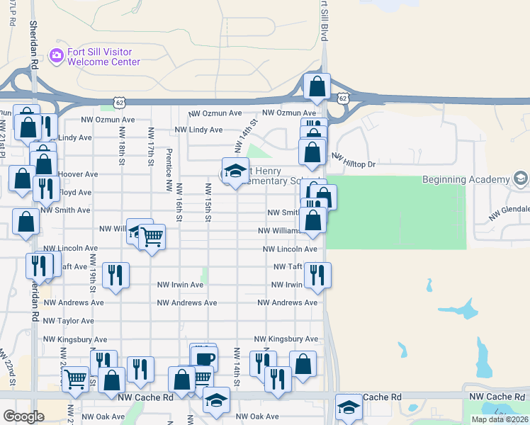 map of restaurants, bars, coffee shops, grocery stores, and more near 1306 Northwest Smith Avenue in Lawton