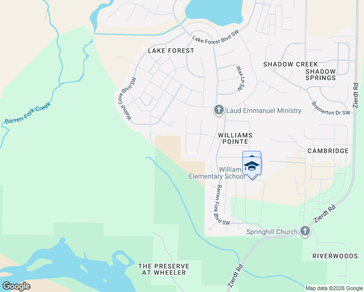 map of restaurants, bars, coffee shops, grocery stores, and more near 414 River Bend Drive Southwest in Huntsville