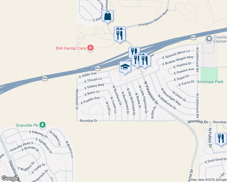 map of restaurants, bars, coffee shops, grocery stores, and more near 6200 North Rockland Drive in Prescott Valley